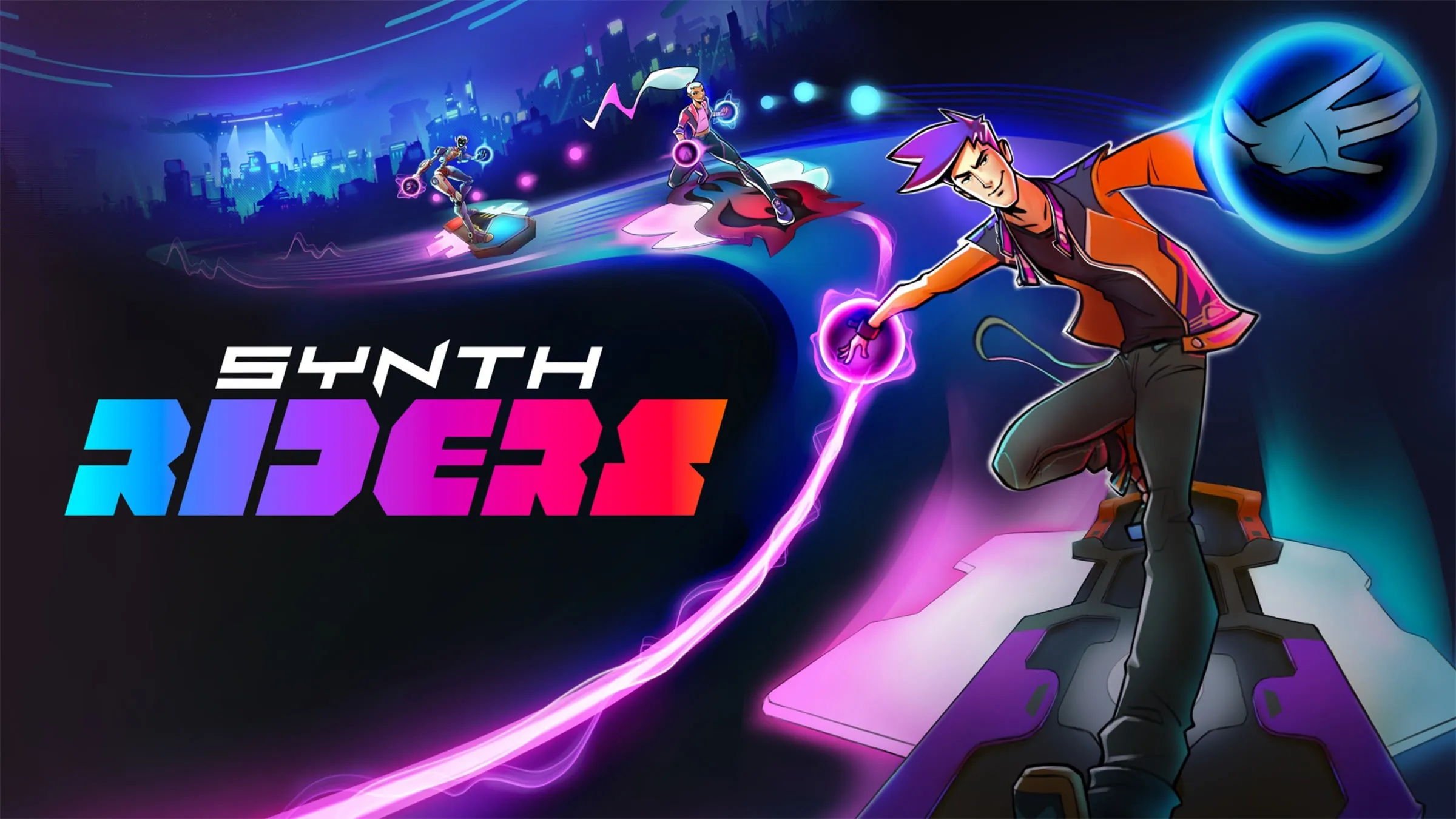 Synth Riders key art: neon-lit riders carving light trails toward a synthwave city skyline, with the Synth Riders logo