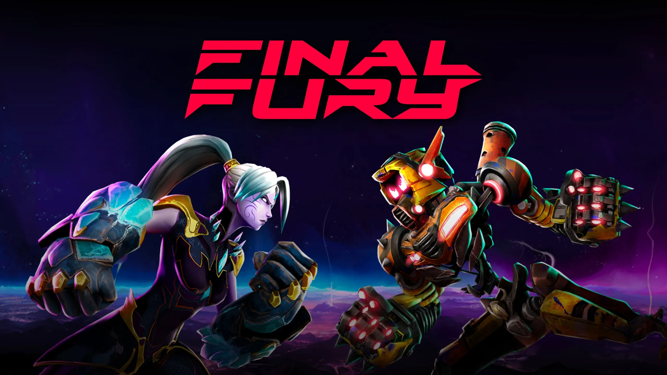 Final Fury key art: an ice-armored warrior and an orange battle robot square off in fighting stances under the Final Fury logo